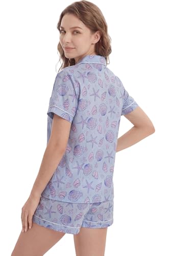 Image of LUBOT 100% Cotton Pajamas for Women 2 Piece PJ Set Poplin Woven Lightweight Ladies Button Short Sleeve Sleepwear S-XXL