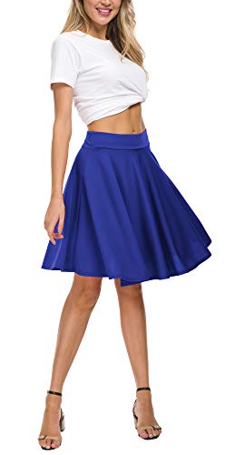Image of EXCHIC Women's Casual Stretchy Flared Mini Skater Skirt Basic A-Line Pleated Midi Skirt