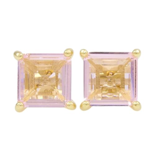 Puces d'oreilles carrées en quartz rose naturel et argent 925 doré d'exception