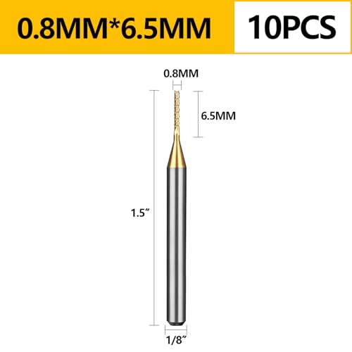 Image of Tools 10Pcs 0.8mm TiN Coating Solid Carbide End Mill Engraving Milling Cutter CNC Router Bits for PCB Machine, 1 /8 inch Shank 1BOX
