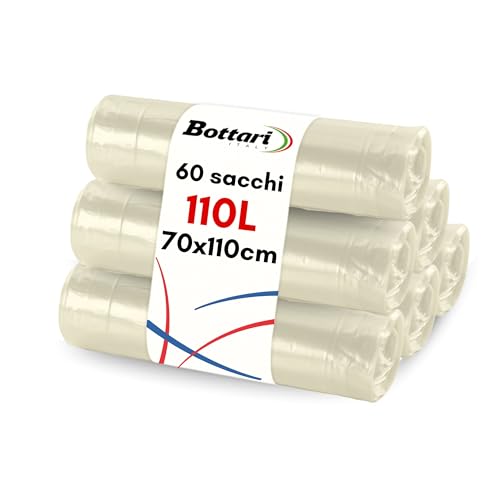 Bottari 60 sacs poubelle 110 L 70 x 110 cm avec lacets de fermeture, transparents, sacs poubelle résistants, 6 rouleaux de 10 pièces