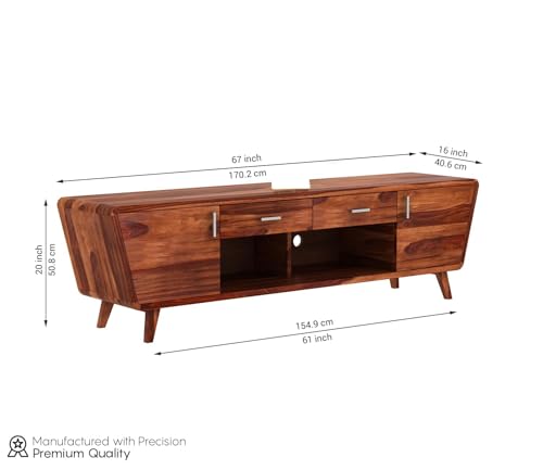 Image of sheesham Wood Wooden TV Cabinet for Living Room 65+ inch - TV Table for Living Room Entertainment Unit - Solid Wood TV Unit for Livingroom 65 Inch with 2 Drawers 2 Shelves & 2-Door (Honey)