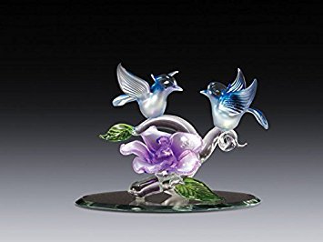 Blown Glass Bluebirds with Purple Flower Figurine Collectible 3"H