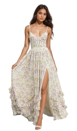 Floral Print Prom Dresses for Women Ruffles Chiffon Bridesmaid Party Dress Tiered Long Formal Gowns with Slit ZX130