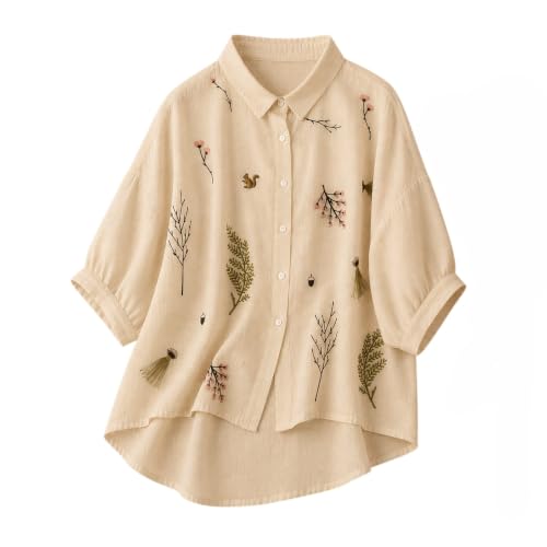 Image of Gufrina Women Designer Botanical Embroidered Korean Style Shirt | Button Down Relaxed Fit | High Low Hem Three Quarter Sleeve | Casual Smart Top-Shirt