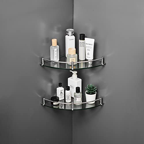 Paradmas Glass Corner Shower Shelf 2 Pack - Shower Caddy Tempered Glass Shower Rack With Rails Sus 304 Wall Mounted Bathroom Shower Organizer For Inside Shower, 24Cmx24Cmx6Mm, Silver #TOP4