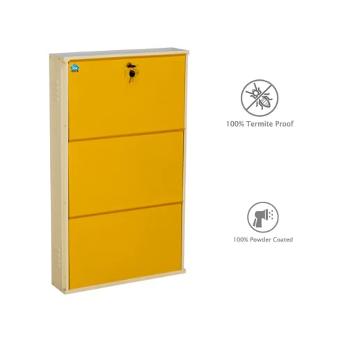 Image of DELITE KOM 24 Inch Wide, 3 Shelf Metal Shoe Rack Wall Mounted for Home with Central Lock Holds Upto 9 Shoes or 15 Slippers Pair | 1 Year Warranty | (41 x 24 x 5 Inch, Ivory Yellow) DIY Space Saving