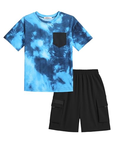 Image of Arshiner Boys' 2-Piece Cotton Outfit Short Sleeve Crewneck T-Shirt & Cargo Shorts Set Summer Casual Clothes for Kids 5-13