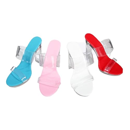 Women's Clear Chunky Block Heels Mules Slides Two Transparent Strap Round Open Toe Slip on Heeled Sandals3