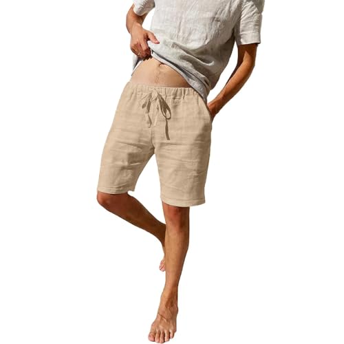 Puimentiua Leinenhose Herren Kurz Sommer Leinen Shorts Kurze Hosen Loose Fit Baumwollehose mit Tunnelzug und Taschen (Dunkelkhaki L)