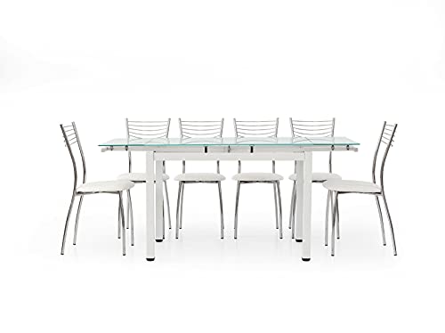 Mar.c.a. Design Table rectangulaire extensible jusqu'à 170 cm, plateau en verre, structure métal blanc, avec 2 rallonges de 30 cm. - Mis. 110 x 70 x 76 cm.