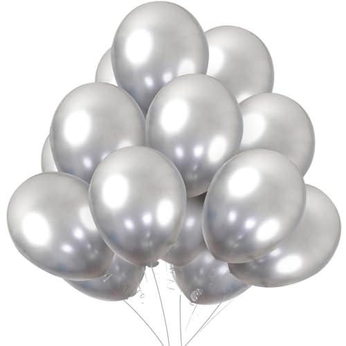 Image of KBZVNAF Silver Metallic Chrome Latex Balloons - 50 Pack 12 inch Round Helium Balloons for Birthday Wedding Graduation Baby Shower Party Decorations | Round Helium Balloons for Birthday Wedding Graduation Baby Shower Party Decorations