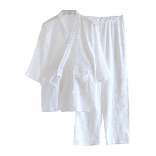 Genérico Pijamas Hombre Verano Pijama Kimono Japonés para Hombre Conjunto de Loungewear de Crepé Lavado Holgado Primavera Otoño (White, XL)