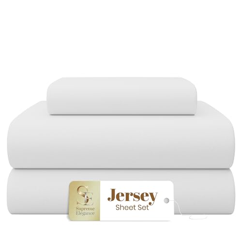 SUPREME ELEGANCE Jersey Knit White 3-Piece Twin Sheet Set, T-Shirt Bed Sheets with Cotton Blend Heather Fabric, Breathable & Wrinkle-Resistant, Deep Pocket Fitted Sheet, All-Season Twin Bedding Set
