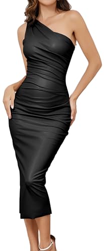 OVRUNS One Shoulder Faux PU Leather Dress Bodycon Sleeveless Ruched Cocktail Clubwear Midi Dresses for Women