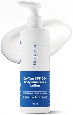 Be Bodywise De-tan Body Sunscreen Lotion with SPF 50+ PA++++ | Broad Spectrum UVA & UVB Protection, No White Cast, Hydrates Skin | Niacinamide, Papaya & Guava Extract |Light-weight & Non-greasy, 175ml