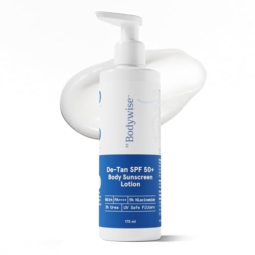 Image of Be Bodywise De-tan Body Sunscreen Lotion with SPF 50+ PA++++ | Broad Spectrum UVA & UVB Protection, No White Cast, Hydrates Skin | Niacinamide, Papaya & Guava Extract |Light-weight & Non-greasy, 175ml