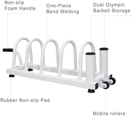 Barbell Plate Rack with Wheels and Handle, Steel Weight Plate Storage Stand, Multifunctional Weightlifting Gym Organizer.White,Size L