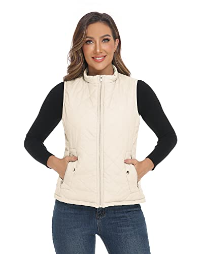 YESLIFE 2025 Creamy White Women's Outwear Quilted Vest With One Inside Pocket - Stand Collar Lightweight Padded Gilet for Women S
