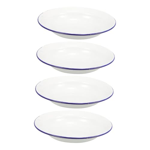 OUNONA Lot de 4 Assiettes Émaillées Vintage 20cm – Assiette Creuse en Acier Émaillé Blanc...