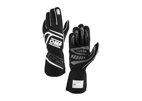 OMP Racing Driving Gloves, First, FIA Approved, Single Layer, Fire Retardant Fabric, Black, X-Large, Pair