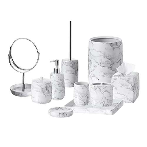 Image of Bathroom Wastebasket - Ceramic Decorative Trash Can (Marble Look)