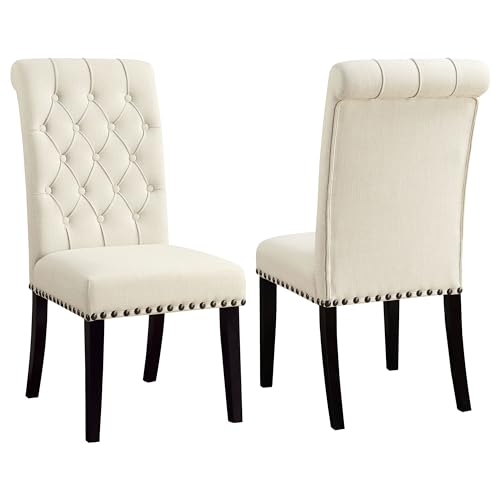 - Transitional Style Armless Button Tufted Dining Chairs With Nailhead Trim And Tapered Wood Legs - Dining Room - Set Of 2 - Beige-190162