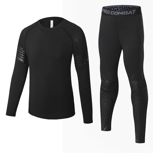 Echinodon Conjunto de capa base térmica para niños y niñas, ropa interior deportiva de compresión, medias atléticas, conjunto superior e inferior, Negro, 14-15 Years