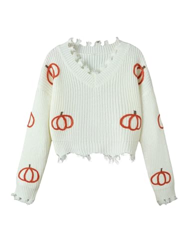 SHENHE Girl's Distressed Sweater Pumpkin Embroiderd Long Sleeve Cute Knit Sweater Crop Top