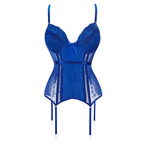 Générique Femmes Chemise Sexy Corset Lingerie Porte-Jarretelles Dentelle Teddy VêTements De Nuit Tenue Dentelle Corset Bustier Jarretelles Bretelles Overbust Corset (Bleu,XXL)