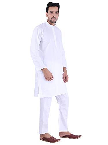 Image of JEXI Men's Cotton Blend Solid Kurta Pyjama Set - Knee-Length, Mandarin Collar, Full Sleeve, Ethnic Wear