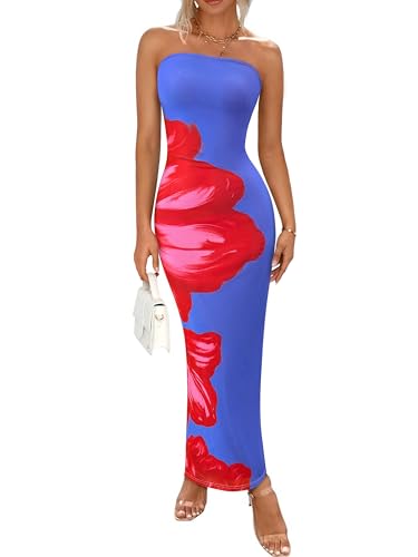 Image of PRETTYGARDEN Women Summer Strapless Maxi Dress Bodycon Floral Sexy Long Wedding Guest Dress Formal Tube Mesh Cocktail Dresses