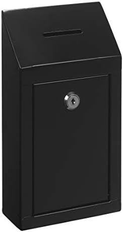 Metal Donation Box & Collection Box Office Suggestion Box Secure Box With Top Coin Slot and Lock Included with 2 Keys - Easy Wall Mounting or Counter Top Use (Black)