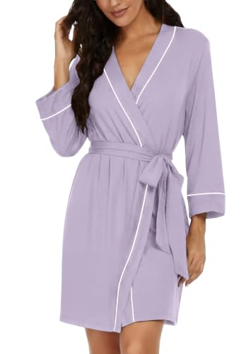 Image of PrinStory Womens Robe Knee Length Soft Knit Bathrobe S-2XL | V-Neck 3 /4 Sleeve Robes with Pockets, Lightweight, Breathable Bath Robe for Shower, Spa, Travel, Home, Party, Nursing