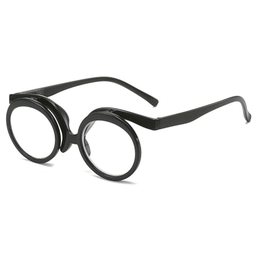 Lanomi Gafas de lectura para mujer y hombre, plegables, de plástico, para maquillarse, ayuda visual, redondas, 90 grados, con fuerza, Negro , medium