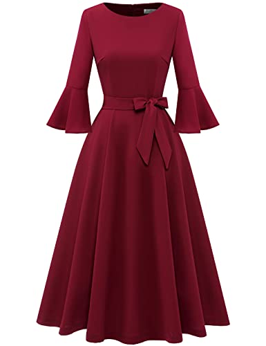 HomRain Vestidos de iglesia para mujer, para invitada de boda, cóctel, fiesta de té, manga acampanada, vestido vintage de graduación, Borgoña, XXXL
