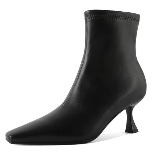 Zamikoo Ankle Boots for Women Low Heel Square Pointed Toe Stretch Kitten Heels Short Booties Side Zipper 2.5 Inches