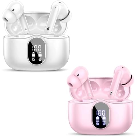 2 Sets Wireless Earbuds, Bluetooth 5.3 Headphones Bass Stereo, Ear Buds with Noise Cancelling Mic LED Display, IP7 Waterproof in Ear Earphones, 36H Playtime for Laptop Pad Phones, White+Pink Cover