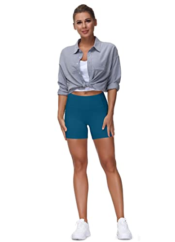 Image of THE GYM PEOPLE High Waist Yoga Shorts for Women's Tummy Control Fitness Athletic Workout Running Shorts with Deep Pockets
