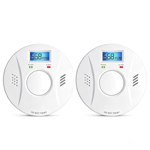 2 Packs Smoke & Carbon Monoxide Alarm Replaceable Battery LCD Digital Display 85dB Loud Siren Hush & Self-Test Dual Sensor Fire CO Detector for Home Bedroom Garage Office