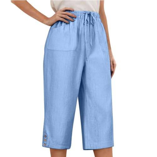Women's Cotton Linen Capris Pant High Elastic Drawstring Sport Sweatpant Straight Wide Leg Trouser Vacation Pants