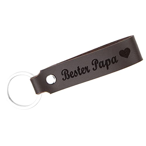 Tidero Schlüsselanhänger Leder mit Gravur Bester Papa Schreibschrift beidseitig | Vatertagsgeschenk Geschenk für Papa Vatertag Geburtstag | 100% Handmade in Germany (Dunkelbraun)
