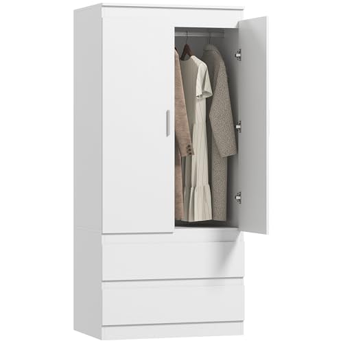 HOMCOM Kleiderschrank mit 2 Soft-Close-Türen Garderobenschrank mit 2 Schubladen, Kleiderstange und 3 Einlegeböden Drehtürenschrank für...