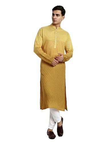 Image of Vardha Men's Cotton Chikankari Embroidered Kurta with Full Sleeves and Knee Length Design and Elegant Sequence Work | Kurta for Men
