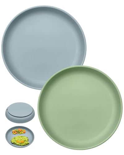 Qyeejong Classic Toddler Plates with Suction 2 Pcs, BPA Free Silicone Baby Suction Plates, Stick Dinner Dishes for Baby Toddler Kids, Dishwasher Safe, Stackable