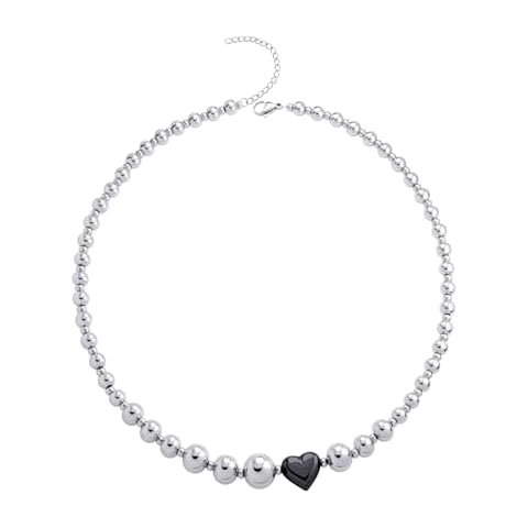 555Jewelry Stainless Steel Beaded with Heart Necklaces for Women, Heart Choker Necklace for Women, Beaded Necklace Jewelry Birthday Gifts for Women and ladies, Silver & Black Cover