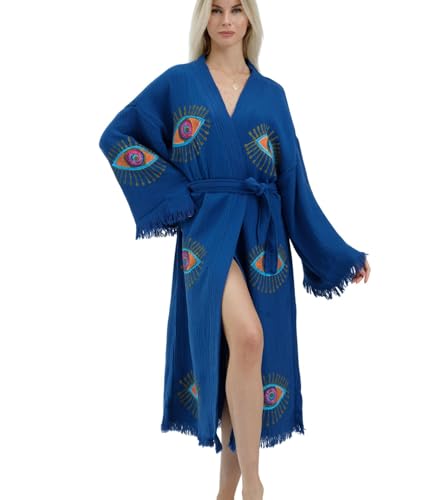 CYC Atelier 100% Turkish Cotton Evil Eye Kimono Robe Hand Printed Caftan Beach Cover Up Boho Festival Kimono for Women (US Alpha One Size Regular Regular Royal Blue)