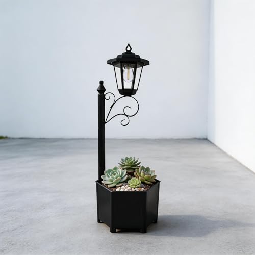 DJGIFI Lanterna Solare 2 in 1 per Esterni con Vaso di Fiori, 75 cm, Lampada Solare con Sensore Crepuscolare Automatico, Impermeabile, per Terrazza, Balcone, Decorazione, Nero, Plastica e Metallo