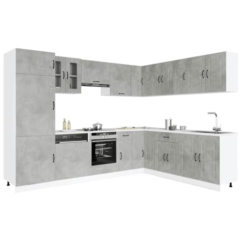 KTHLBRH 14 Piece Kitchen Cabinet Set in Kalmar Concrete Grey Engineered Wood with Ample Storage Space and Adjustable Feet for Kitchen Organization