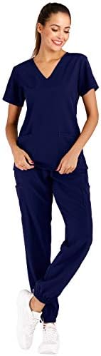 Minty Mint Women's Solid Stretch Medical Uniform Scrub Set V Neck Top Cargo Tapered Jogger Pants Indigo Blue L